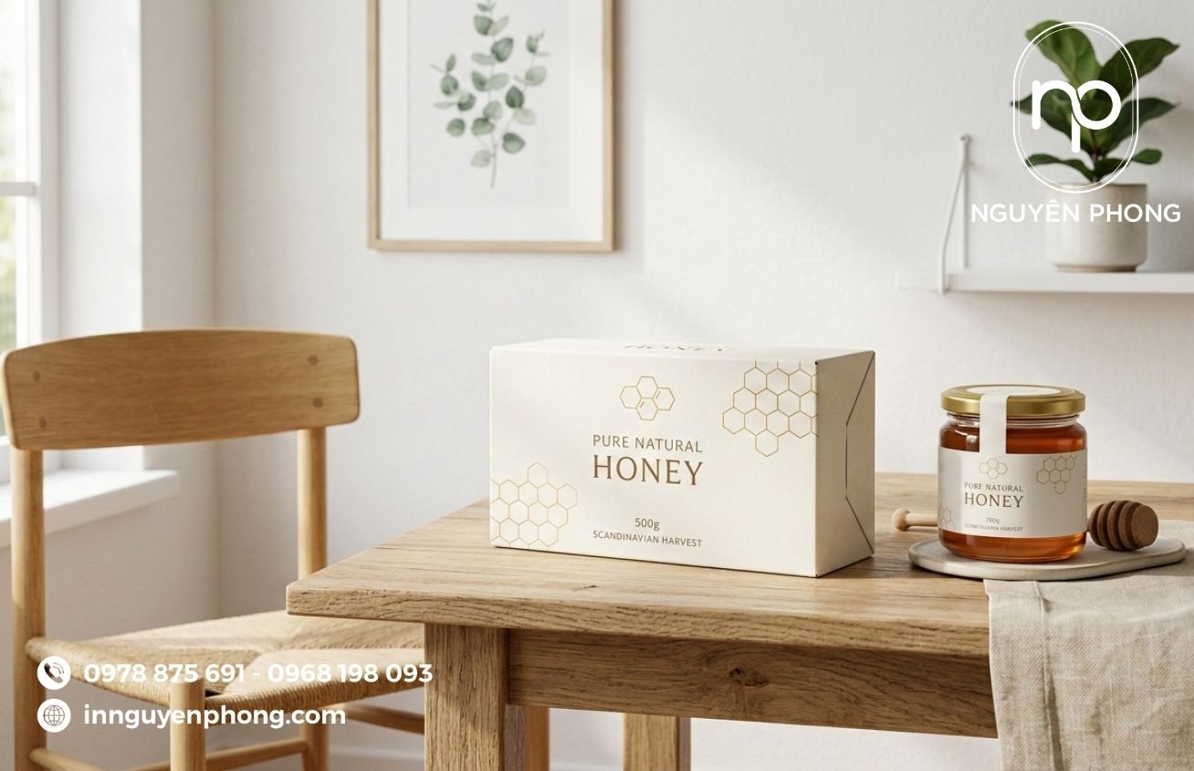 Mẫu in hộp đựng mật ong đơn giản 